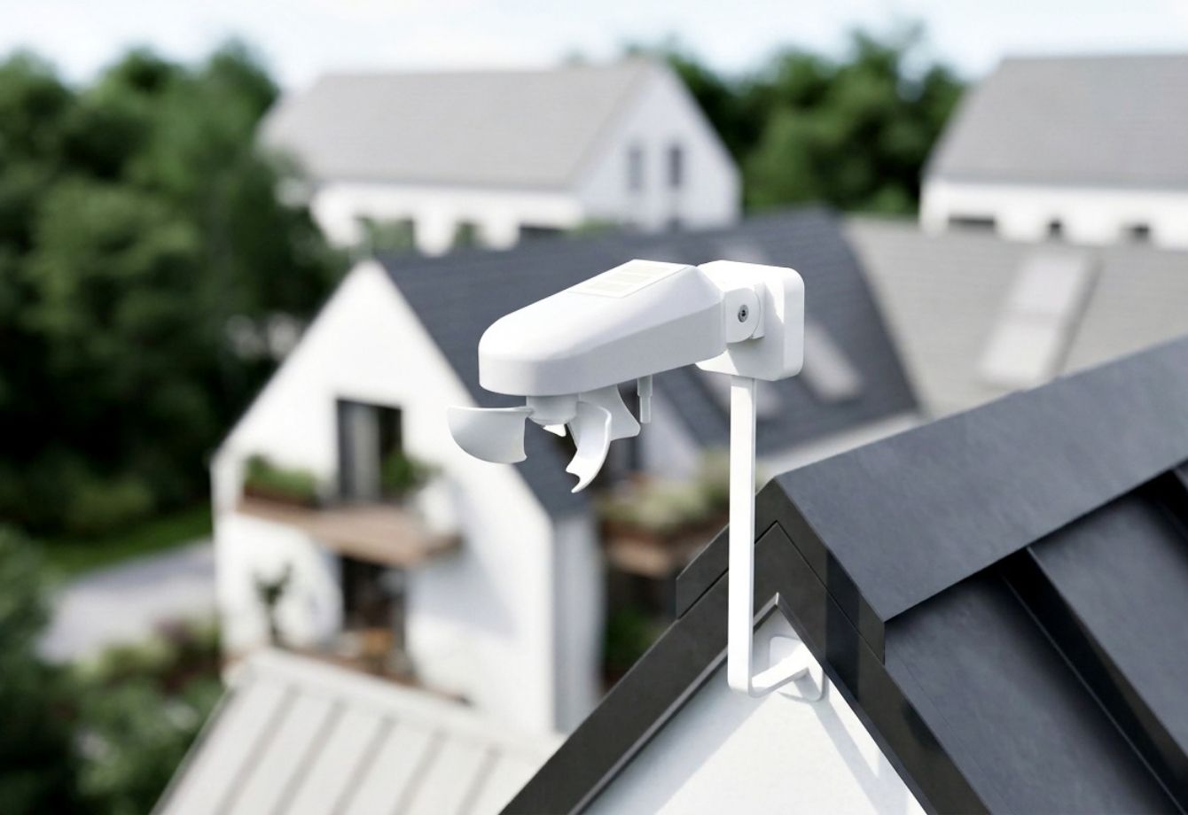 Elsner KNX-Wetterstation Windancer 2.0 GPS KNX sec an Mast auf modernem Hausdach montiert