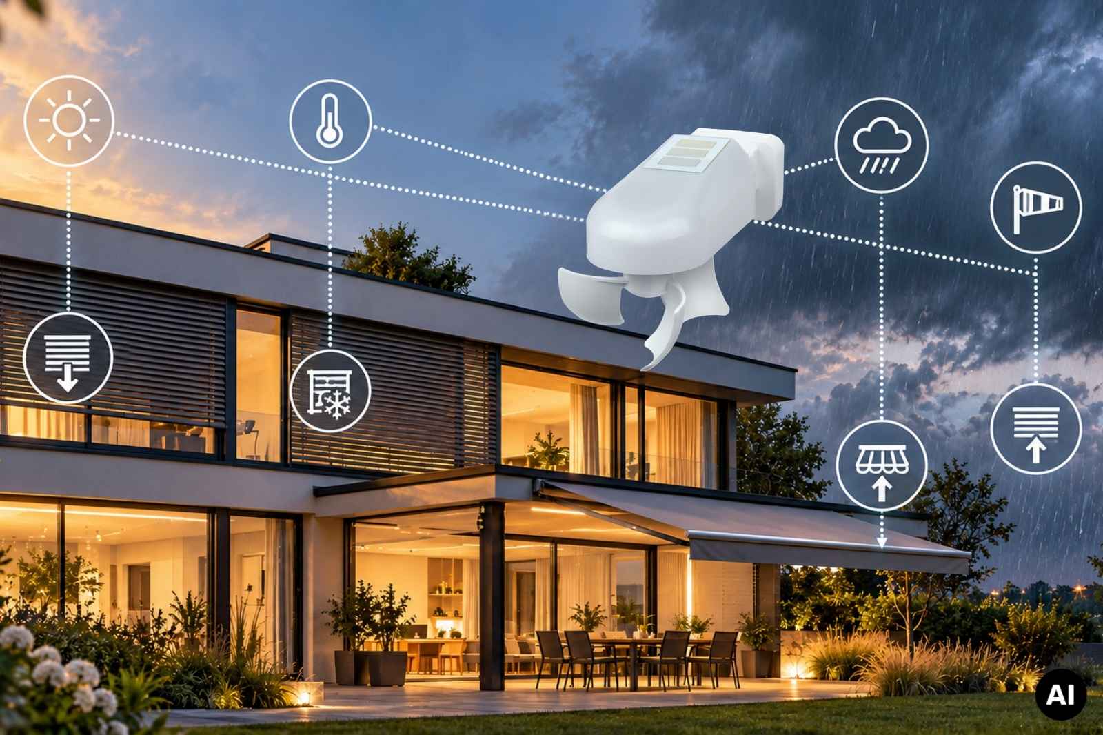 Smart Home mit Windancer-Wetterstation und m&ouml;glichen Messwerten  (AI generated)