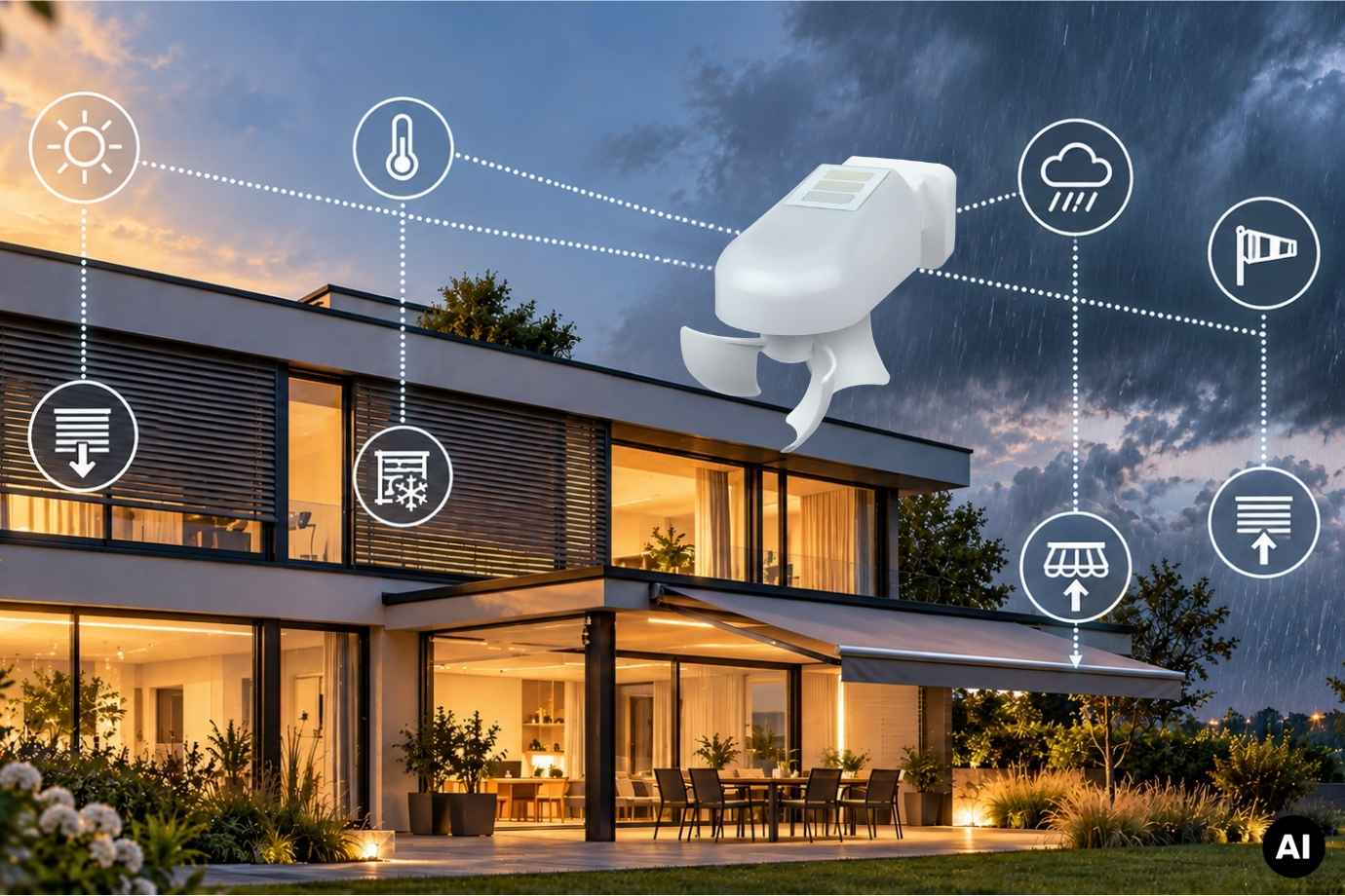 Smart Home mit Windancer-Wetterstation und m&ouml;glichen Messwerten  (AI generated)