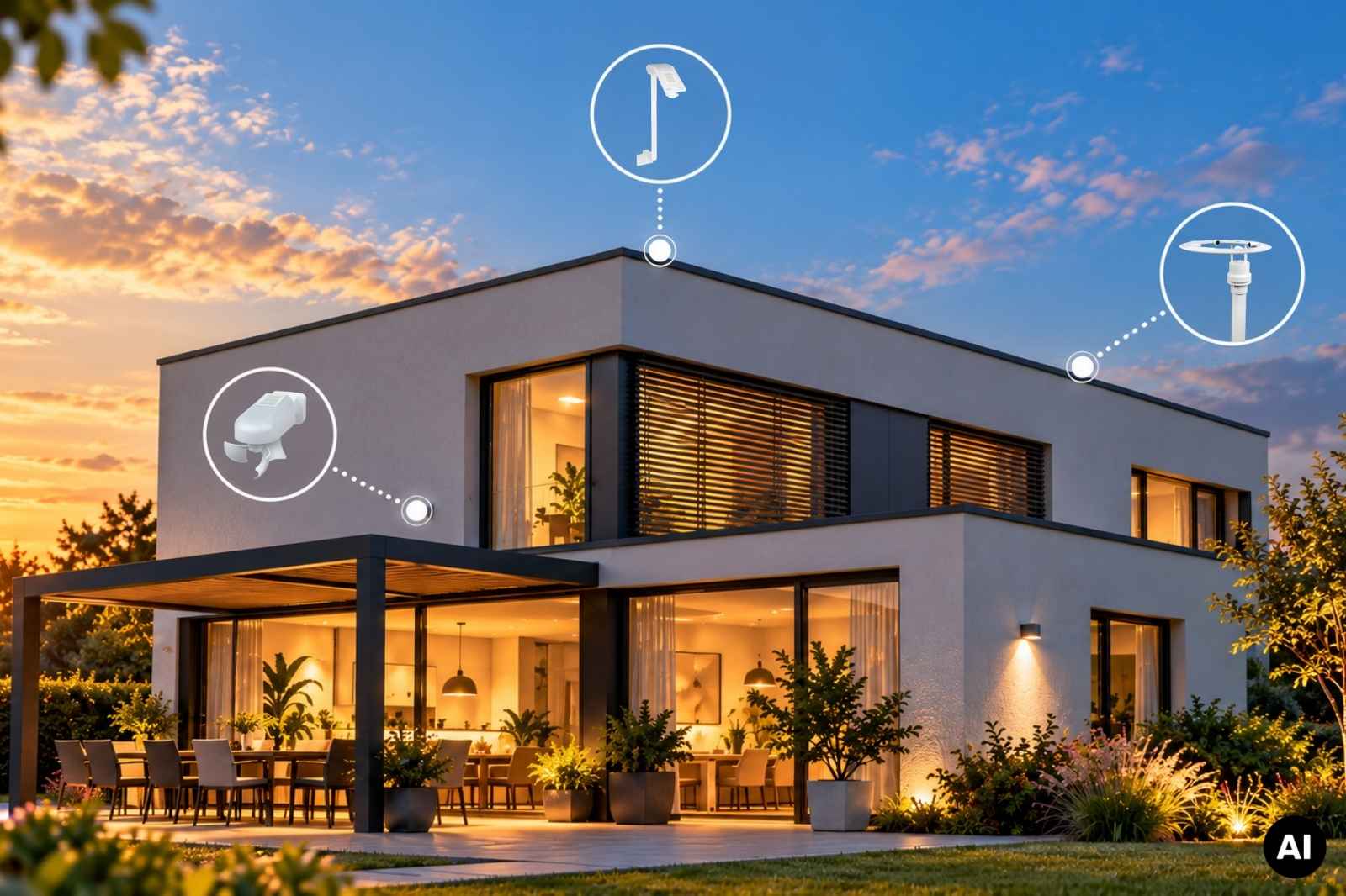 Smart Home mit verschiedenen Montagesituationen und den jeweils dazu passenden Elsner Wetterstationen  (AI generated)