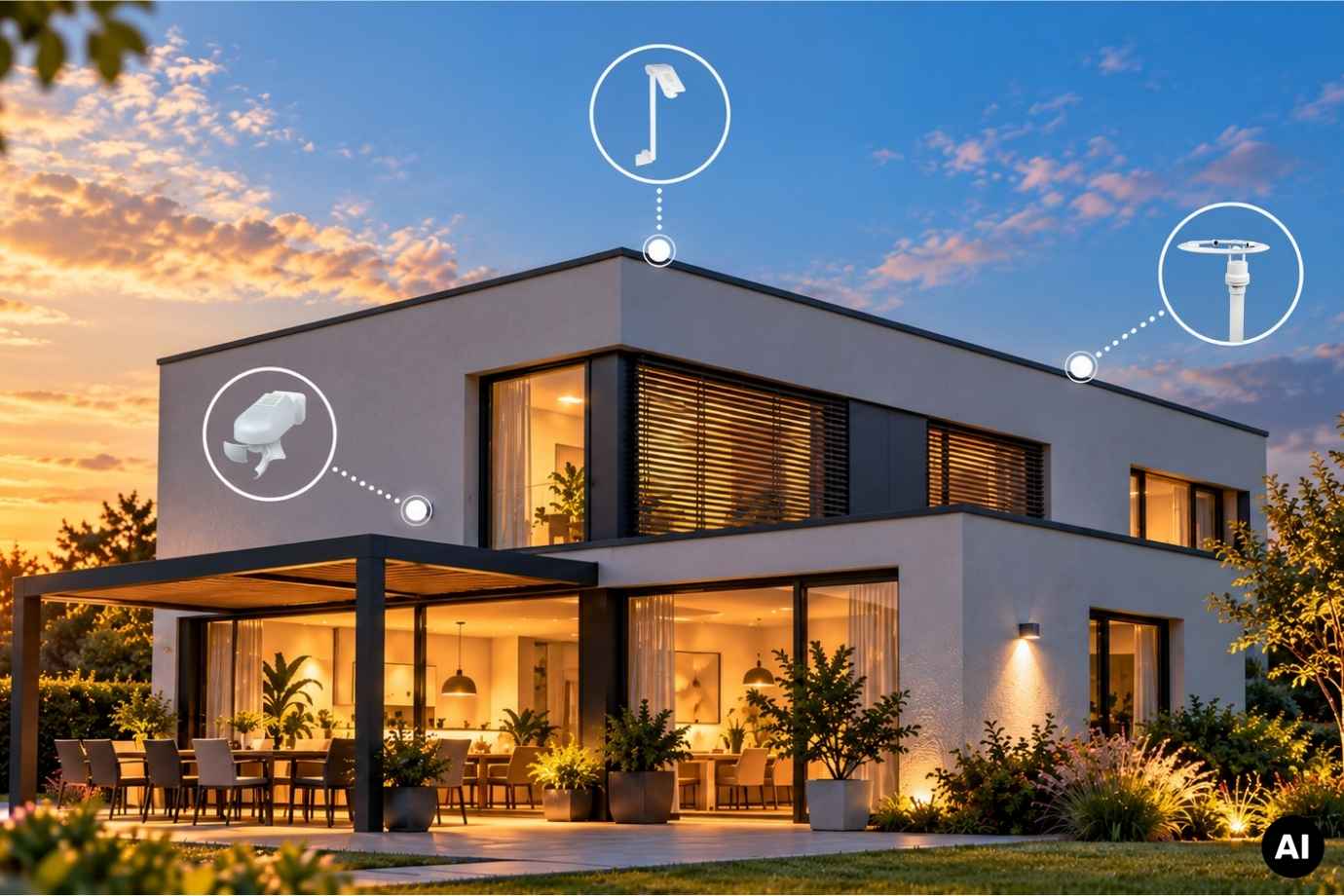 Smart Home mit verschiedenen Montagesituationen und den jeweils dazu passenden Elsner Wetterstationen  (AI generated)