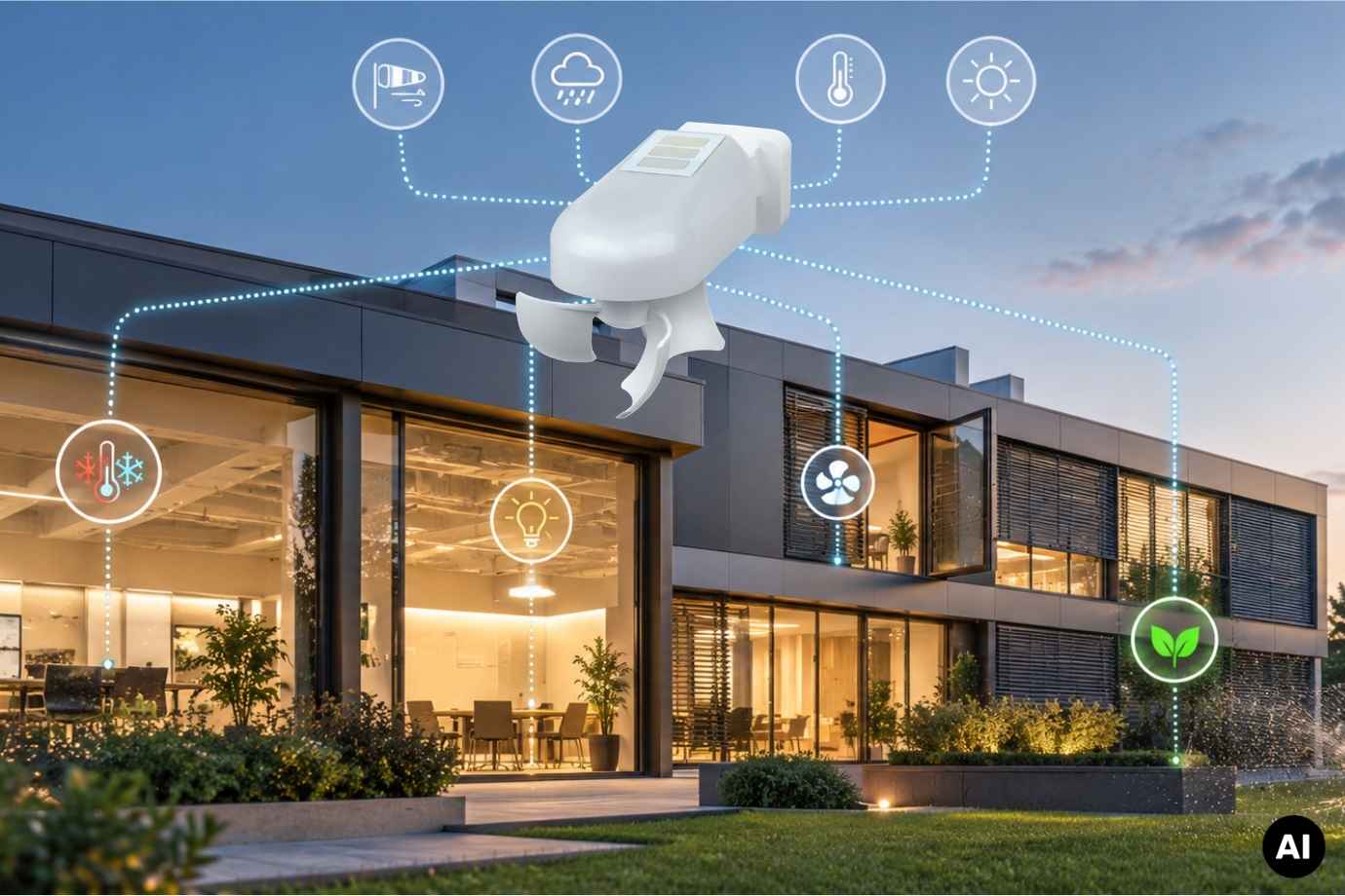 Smart Home mit Windancer-Wetterstation und m&ouml;gliche Steuerungen (AI generated)