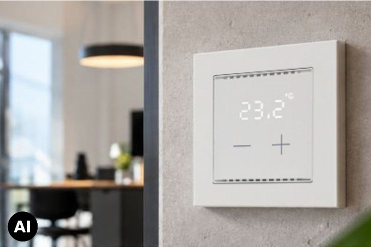 Wissenswertes zur KNX-Einzelraumregelung ➥ Raumtemperaturregler Cala T 101 KNX sec an Wand montiert vor modernem Wohnzimmer (KI-generiert)