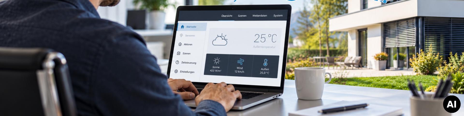 Mann arbeitet am Laptop mit Bedienoberfläche einer Gebäudesteuerung, im Hintergrund ein modernes Wohnhaus (Bild KI-generiert)