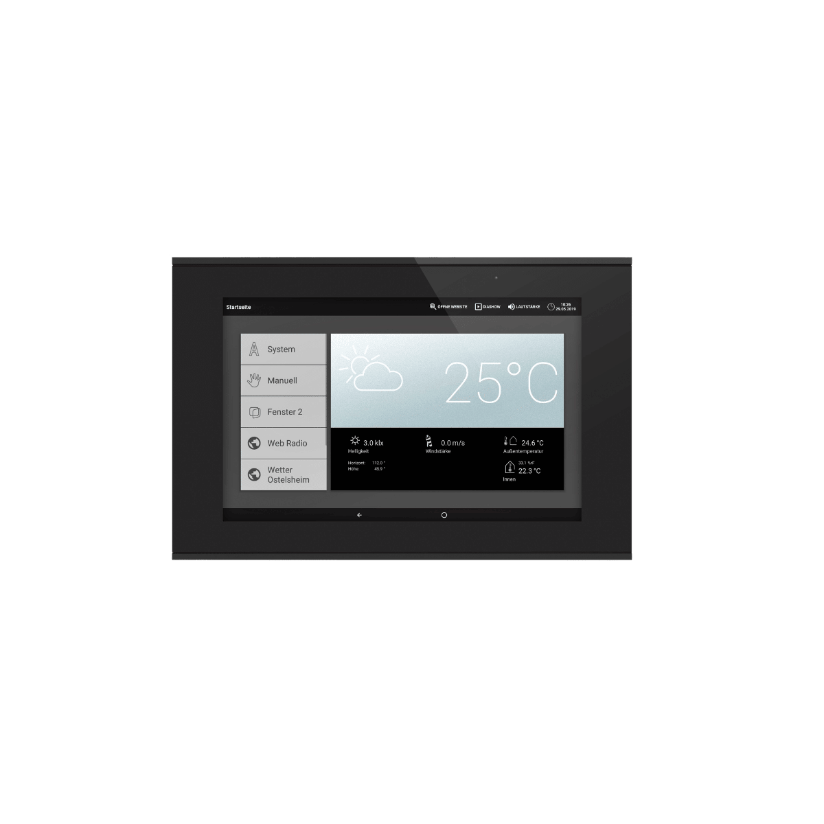 Display von WS1000 Connect mit Startbildschirm, Menü und Wetterdaten