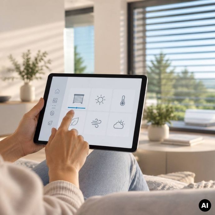 Hand bedient ein Tablet mit Symbolen für Beschattung, Licht, Temperatur und Wetter in einem hellen Wohnraum (Bild KI-generiert)