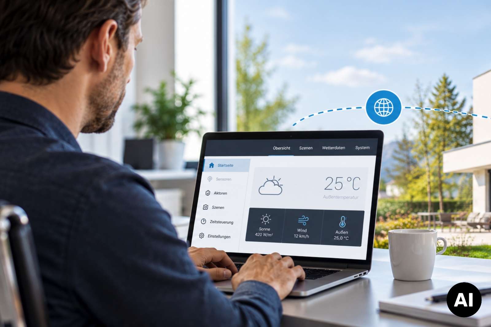 Customer service from your office with WS1000 Connect ➥ Man at a laptop with a building control interface, a house behind him (AI-generated image)
