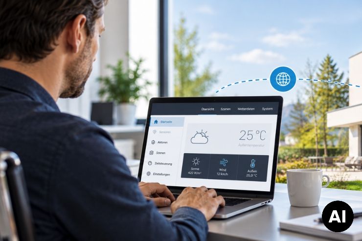 Customer service from your office with WS1000 Connect ➥ Man at a laptop with a building control interface, a house behind him (AI-generated image)
